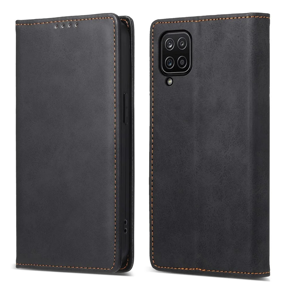 DF-05 For Samsung Galaxy A12 Stand PU Leather Phone Cover RFID Blocking Wallet Phone Case - Black - 1