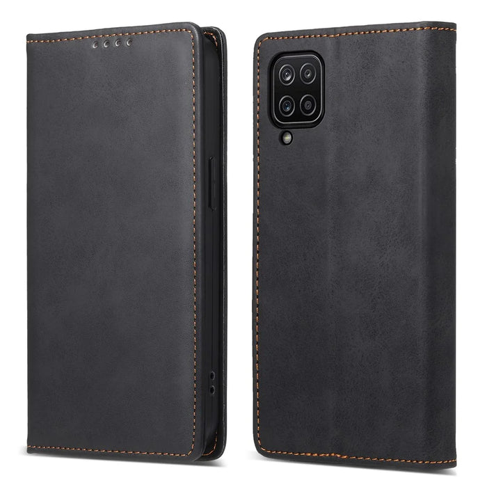 DF-05 For Samsung Galaxy A12 Stand PU Leather Phone Cover RFID Blocking Wallet Phone Case - Black - 1