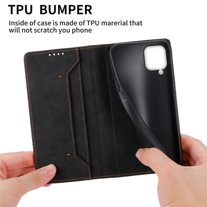 DF-05 For Samsung Galaxy A12 Stand PU Leather Phone Cover RFID Blocking Wallet Phone Case - Black - 6