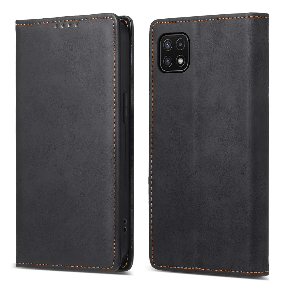 DF-05 For Samsung Galaxy A22 5G (EU Version) RFID Blocking Phone Case Leather Wallet Stand Anti-drop Cover - Black - 1