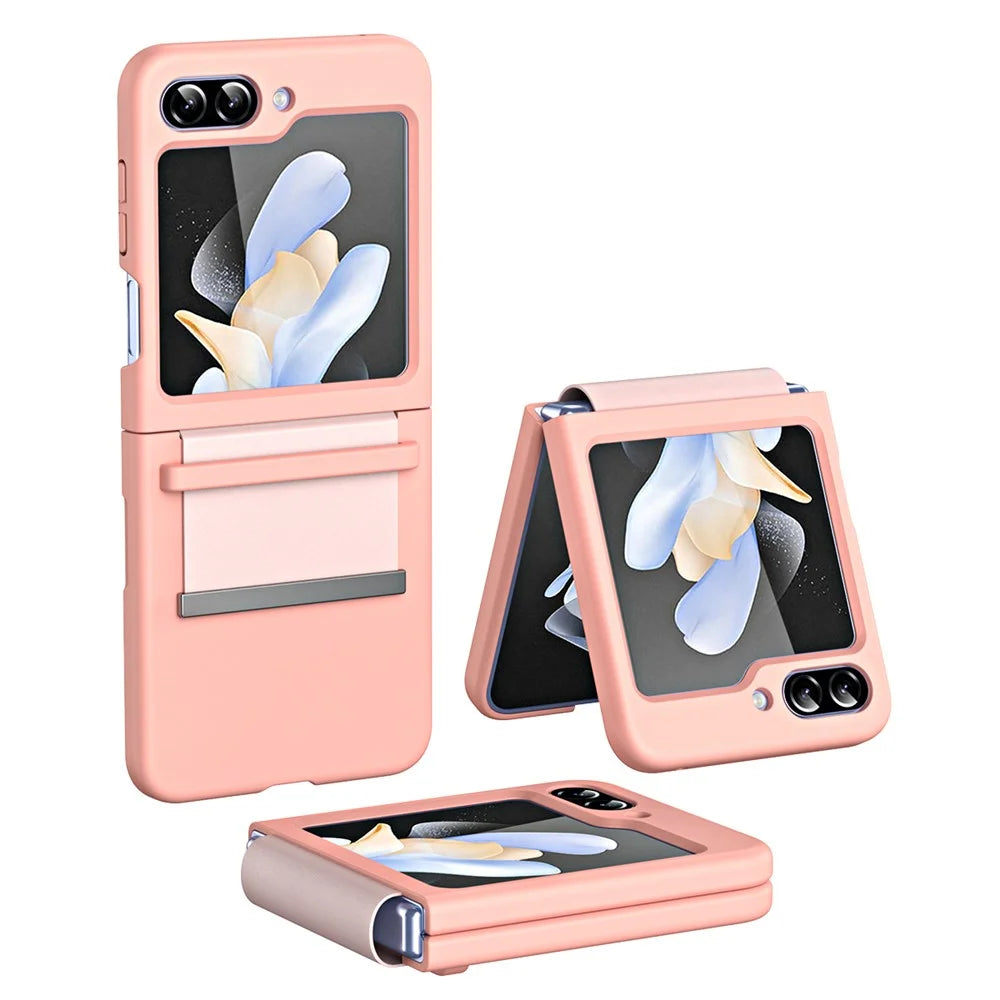 For Samsung Galaxy Z Flip5 5G Hard PC Phone Case Retractable Strap Hinge Protection Phone Cover - Pink - 1