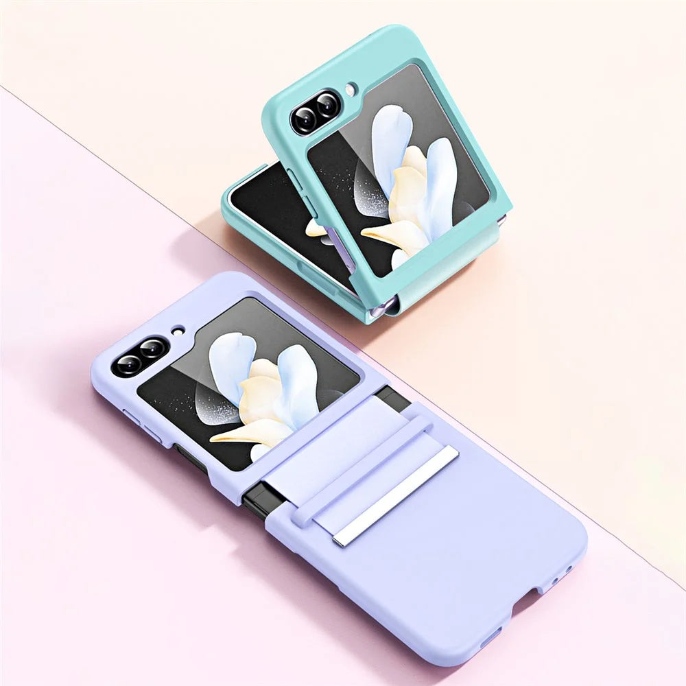 For Samsung Galaxy Z Flip5 5G Hard PC Phone Case Retractable Strap Hinge Protection Phone Cover - Pink - 5