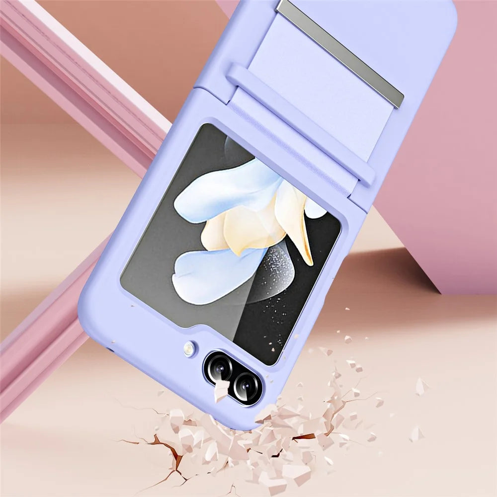 For Samsung Galaxy Z Flip5 5G Hard PC Phone Case Retractable Strap Hinge Protection Phone Cover - Pink - 6