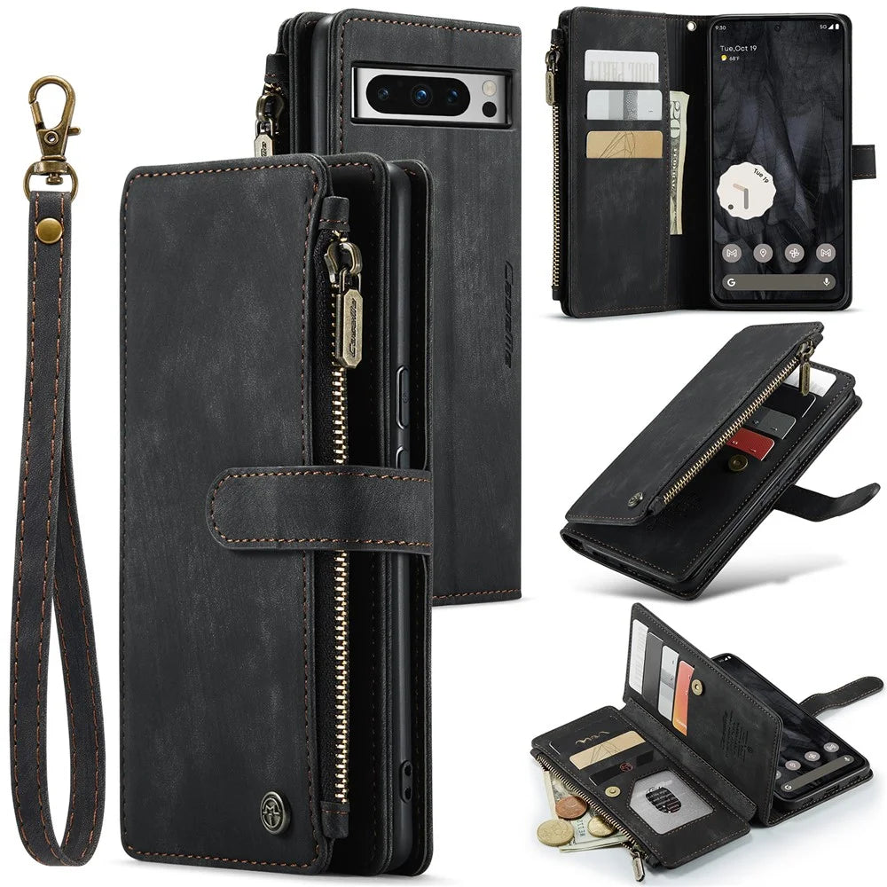 For Google Pixel 8 Pro Phone Cases with Strap CASEME C30 Zipper Multiple Card Holder PU Leather Cover - Black - 1