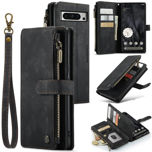 For Google Pixel 8 Pro Phone Cases with Strap CASEME C30 Zipper Multiple Card Holder PU Leather Cover - Black - 1
