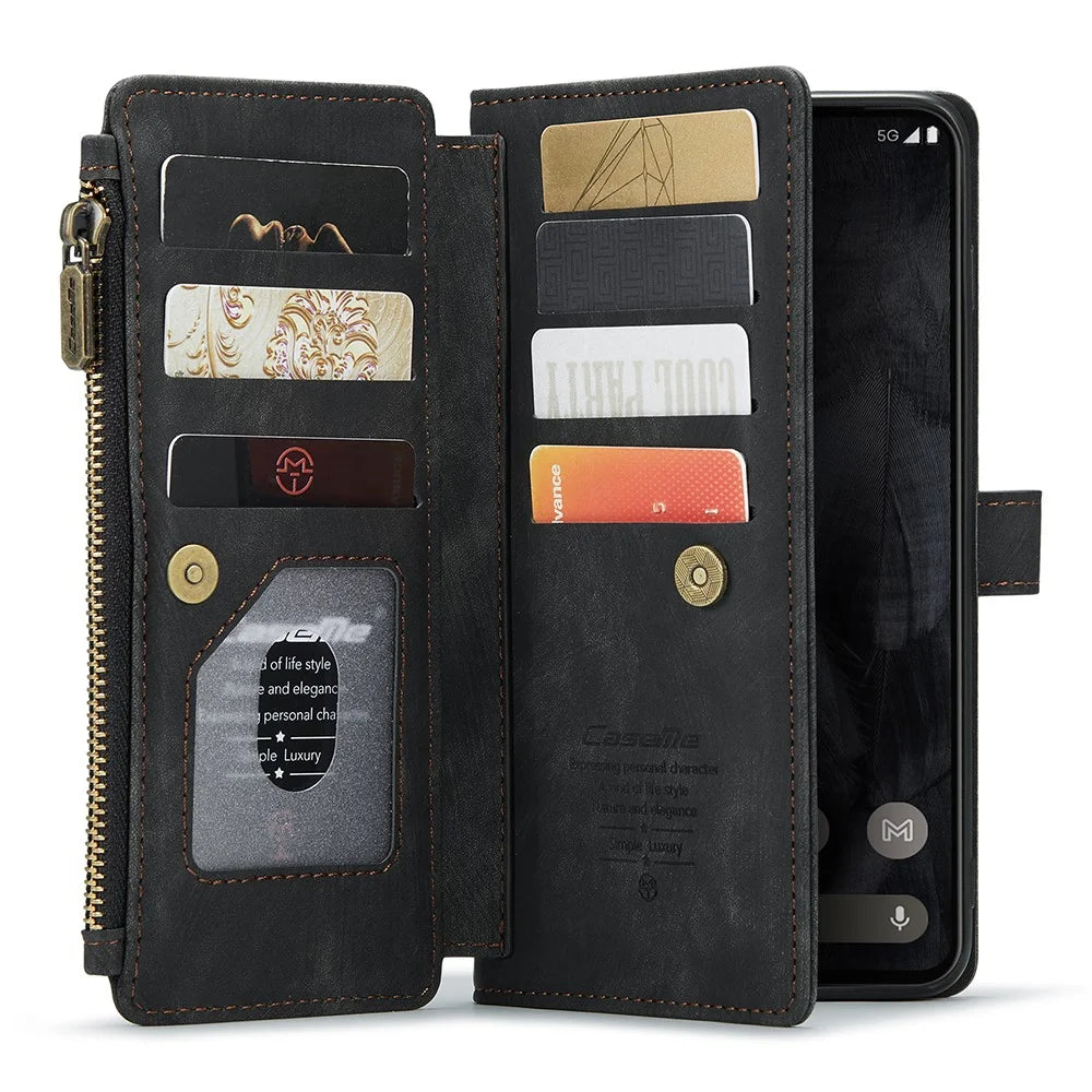 For Google Pixel 8 Pro Phone Cases with Strap CASEME C30 Zipper Multiple Card Holder PU Leather Cover - Black - 3