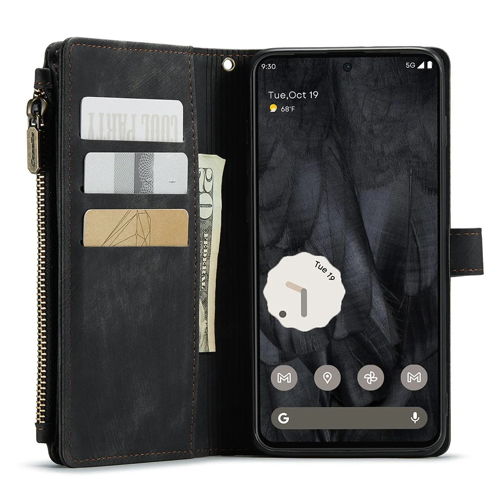 For Google Pixel 8 Pro Phone Cases with Strap CASEME C30 Zipper Multiple Card Holder PU Leather Cover - Black - 4