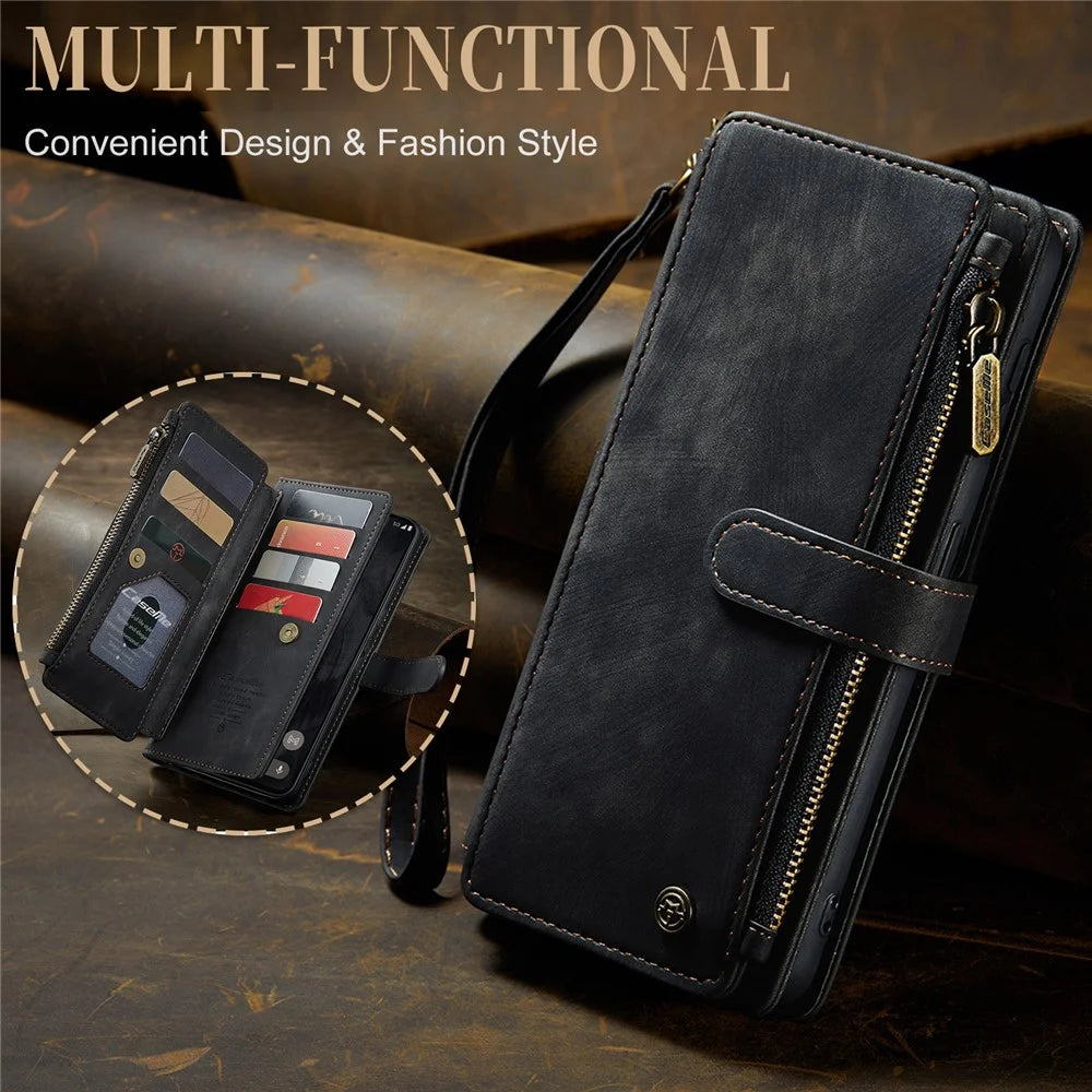 For Google Pixel 8 Pro Phone Cases with Strap CASEME C30 Zipper Multiple Card Holder PU Leather Cover - Black - 6