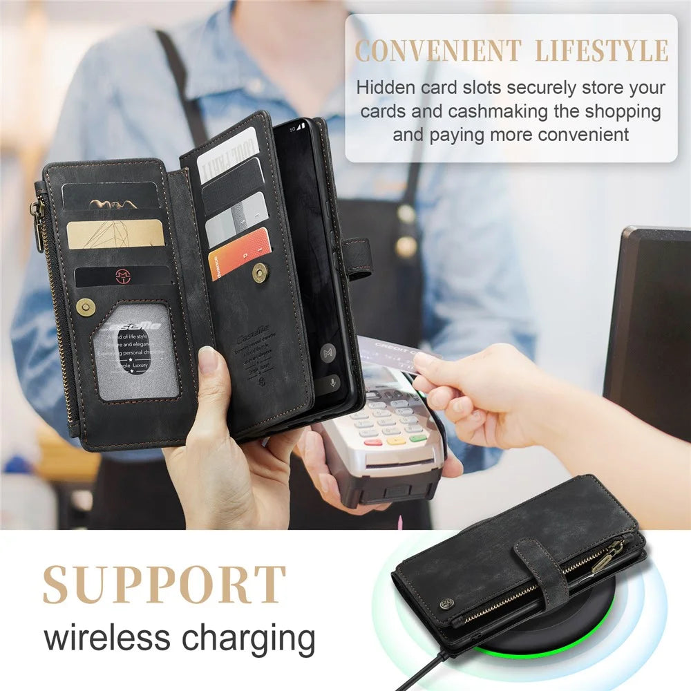 For Google Pixel 8 Pro Phone Cases with Strap CASEME C30 Zipper Multiple Card Holder PU Leather Cover - Black - 7