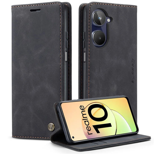 CASEME 013 Series For Realme 10 4G PU Leather Stand Wallet Case Flip Cell Phone Cover - Black - 1