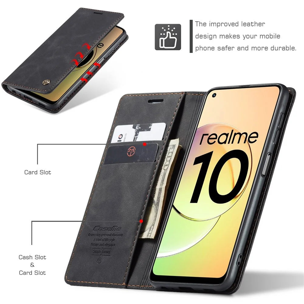 CASEME 013 Series For Realme 10 4G PU Leather Stand Wallet Case Flip Cell Phone Cover - Black - 4