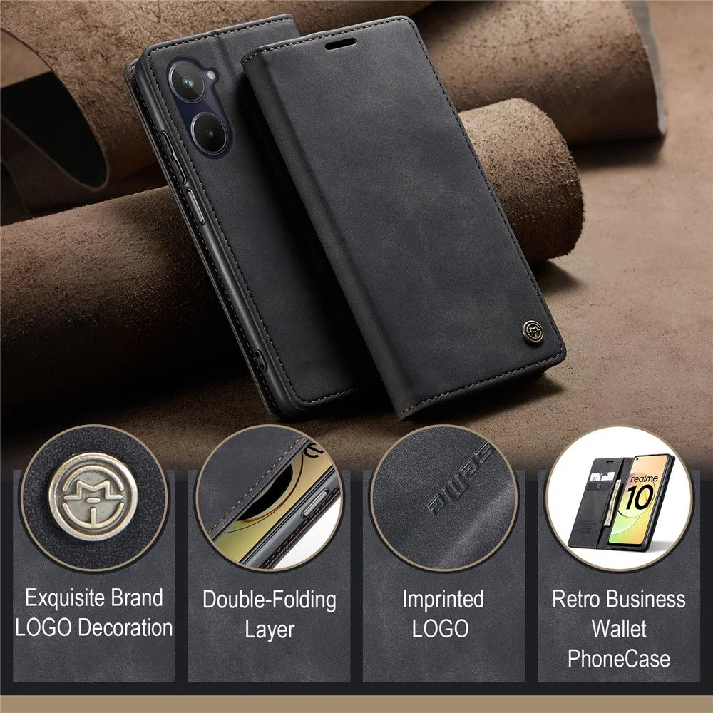 CASEME 013 Series For Realme 10 4G PU Leather Stand Wallet Case Flip Cell Phone Cover - Black - 6