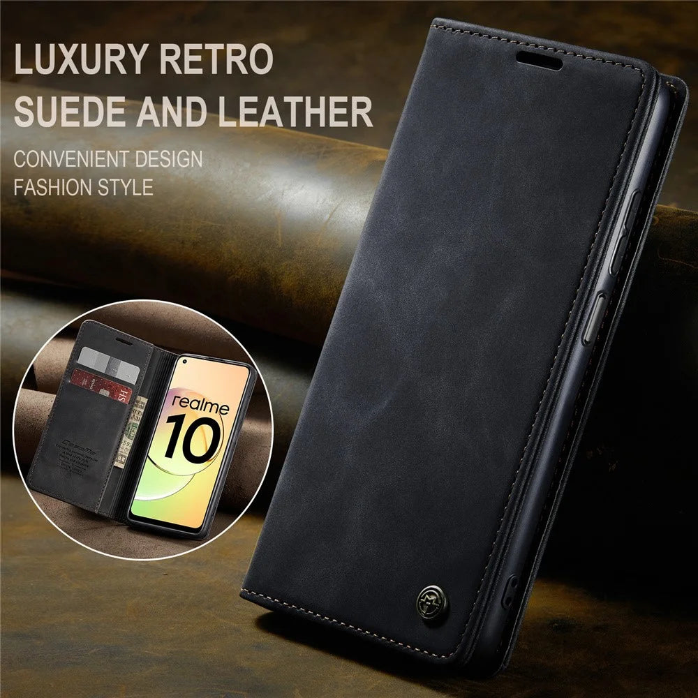 CASEME 013 Series For Realme 10 4G PU Leather Stand Wallet Case Flip Cell Phone Cover - Black - 7