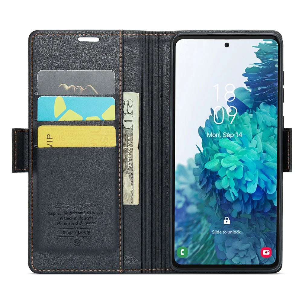 For Samsung Galaxy S20 FE / S20 FE 5G / S20 FE 2022 / S20 Lite Leather Case CASEME 023 RFID Blocking 3 Card Slot Mobile Cover - Black - 2