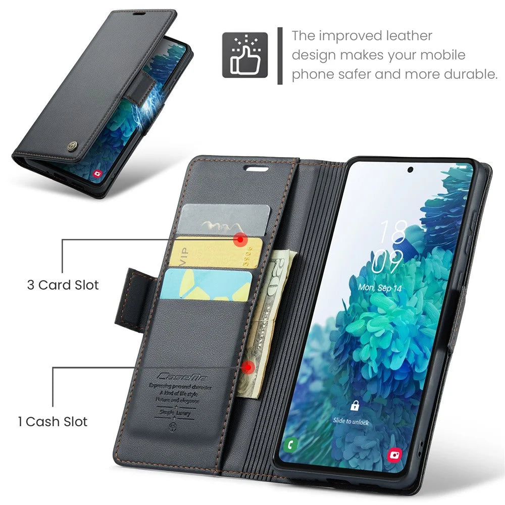 For Samsung Galaxy S20 FE / S20 FE 5G / S20 FE 2022 / S20 Lite Leather Case CASEME 023 RFID Blocking 3 Card Slot Mobile Cover - Black - 5