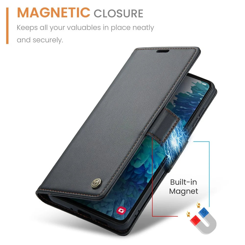 For Samsung Galaxy S20 FE / S20 FE 5G / S20 FE 2022 / S20 Lite Leather Case CASEME 023 RFID Blocking 3 Card Slot Mobile Cover - Black - 6