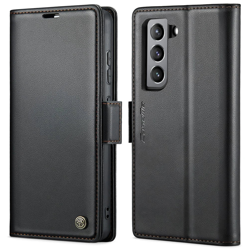For Samsung Galaxy S21 FE 5G Leather Case CASEME 023 RFID Blocking 3 Card Slot Mobile Cover - Black - 1