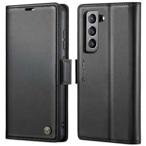 For Samsung Galaxy S21 FE 5G Leather Case CASEME 023 RFID Blocking 3 Card Slot Mobile Cover - Black - 1