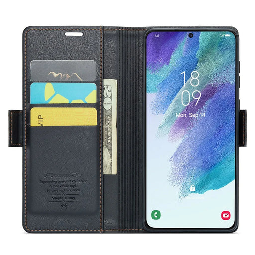 For Samsung Galaxy S21 FE 5G Leather Case CASEME 023 RFID Blocking 3 Card Slot Mobile Cover - Black - 2