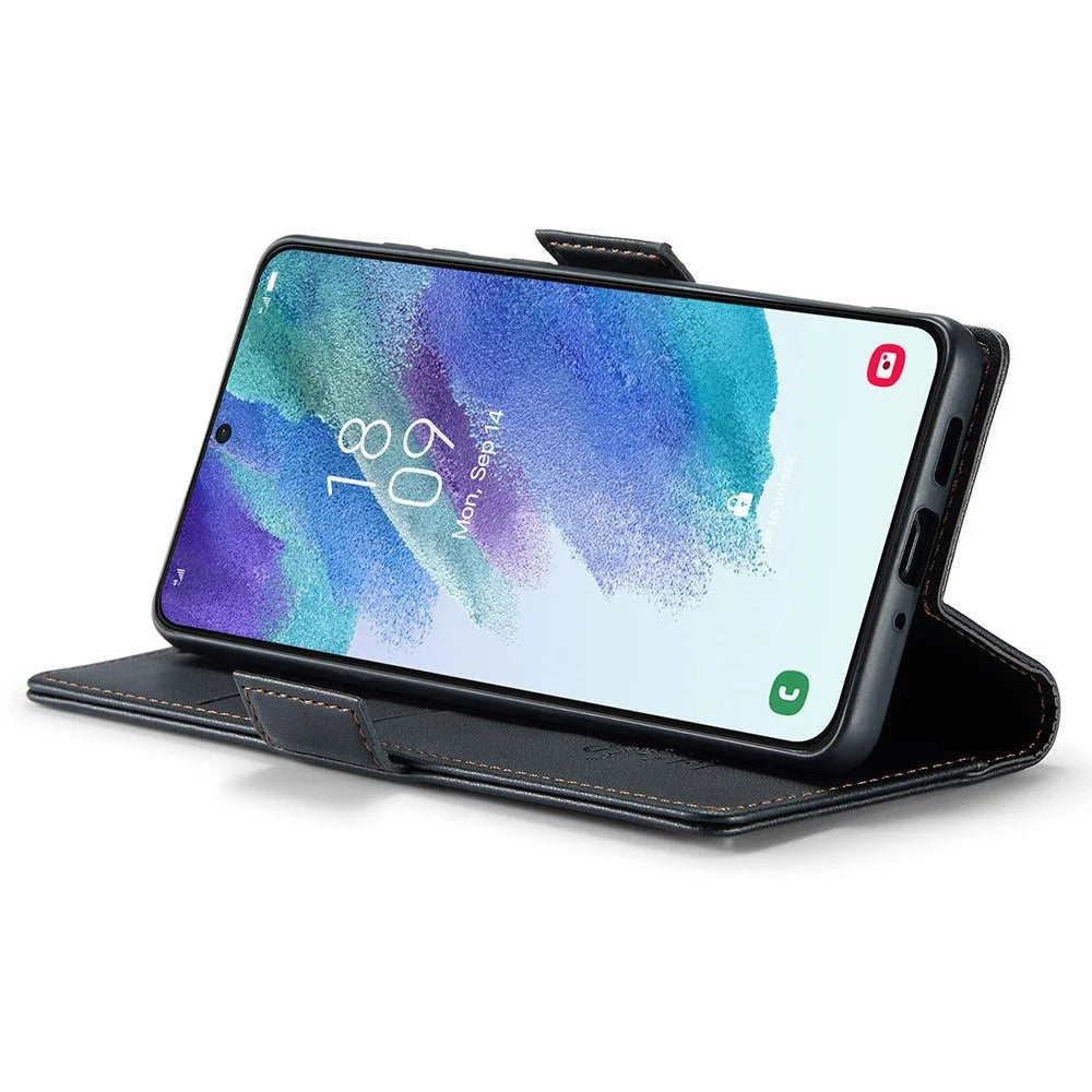 For Samsung Galaxy S21 FE 5G Leather Case CASEME 023 RFID Blocking 3 Card Slot Mobile Cover - Black - 4