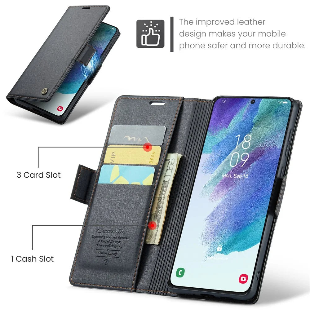 For Samsung Galaxy S21 FE 5G Leather Case CASEME 023 RFID Blocking 3 Card Slot Mobile Cover - Black - 5
