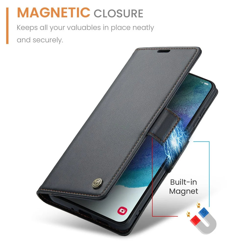 For Samsung Galaxy S21 FE 5G Leather Case CASEME 023 RFID Blocking 3 Card Slot Mobile Cover - Black - 6