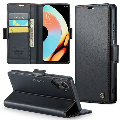For Realme 10 Pro 5G Leather Case CASEME 023 RFID Blocking 3 Card Slot Mobile Cover - Black - 1