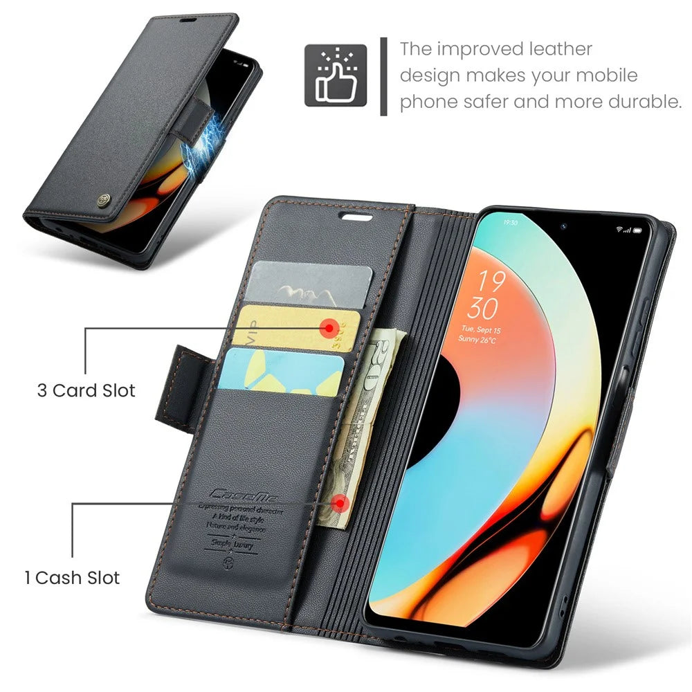 For Realme 10 Pro 5G Leather Case CASEME 023 RFID Blocking 3 Card Slot Mobile Cover - Black - 5