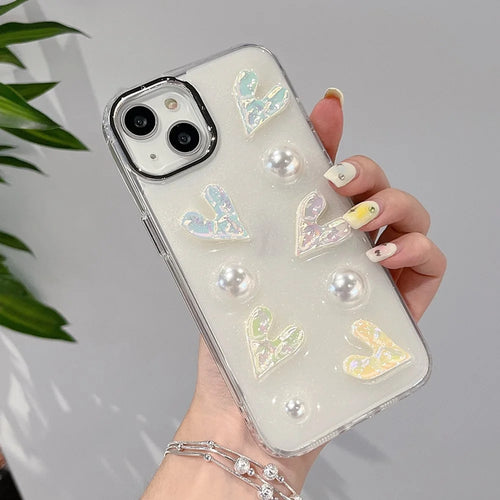 5 Laser Hearts Electroplating Phone Case for For iPhone 14 Plus , Hard Acrylic+TPU Cover with Pearl Decor - 1