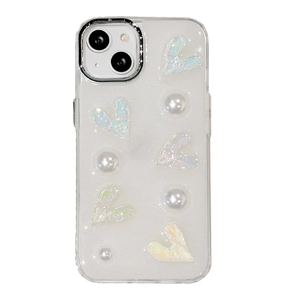 5 Laser Hearts Electroplating Phone Case for For iPhone 14 Plus , Hard Acrylic+TPU Cover with Pearl Decor - 2