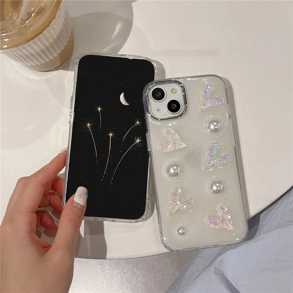 5 Laser Hearts Electroplating Phone Case for For iPhone 14 Plus , Hard Acrylic+TPU Cover with Pearl Decor - 3
