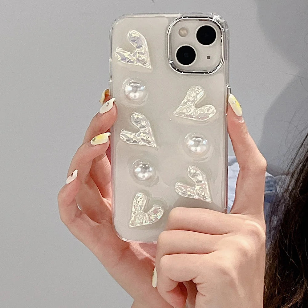 5 Laser Hearts Electroplating Phone Case for For iPhone 14 Plus , Hard Acrylic+TPU Cover with Pearl Decor - 4