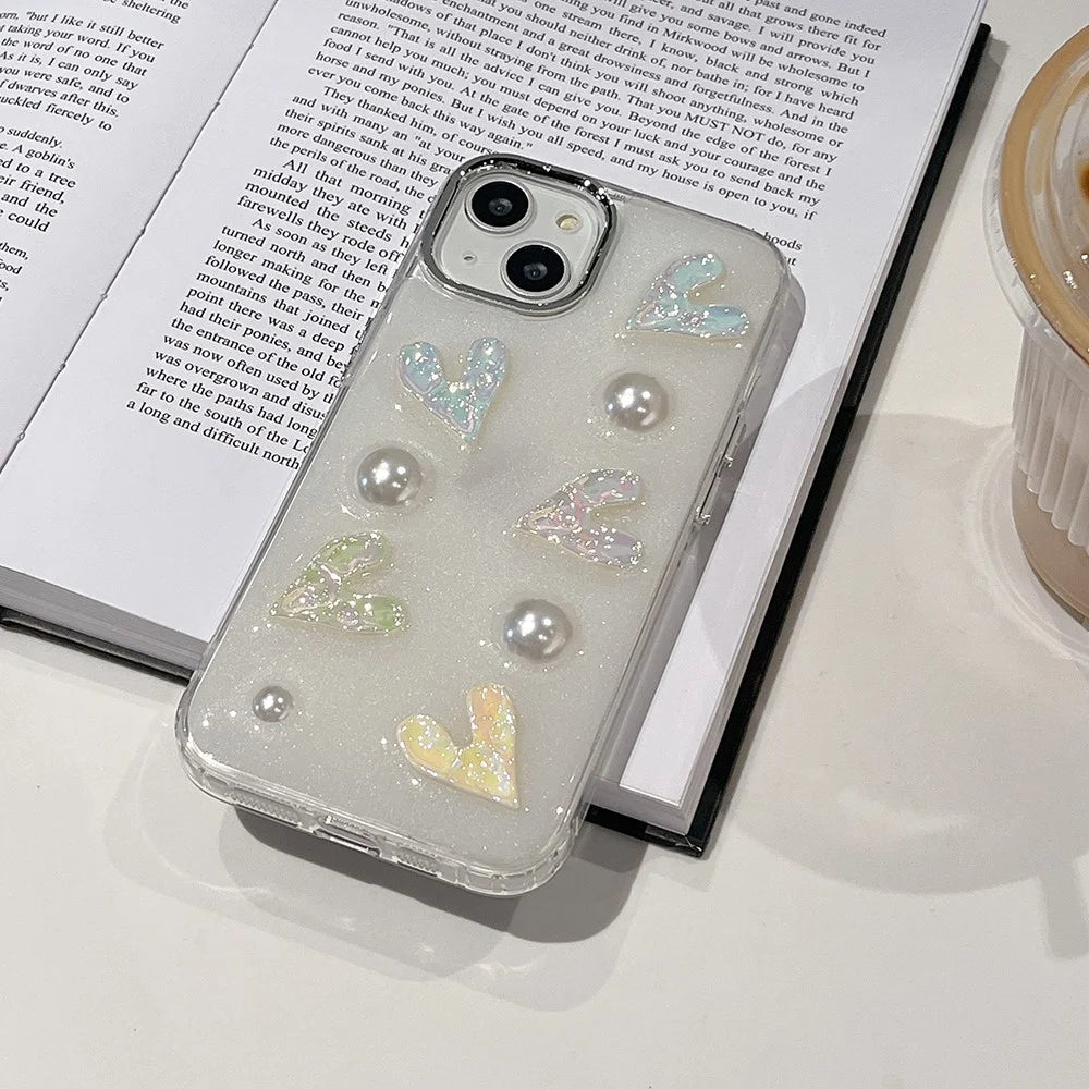 5 Laser Hearts Electroplating Phone Case for For iPhone 14 Plus , Hard Acrylic+TPU Cover with Pearl Decor - 5