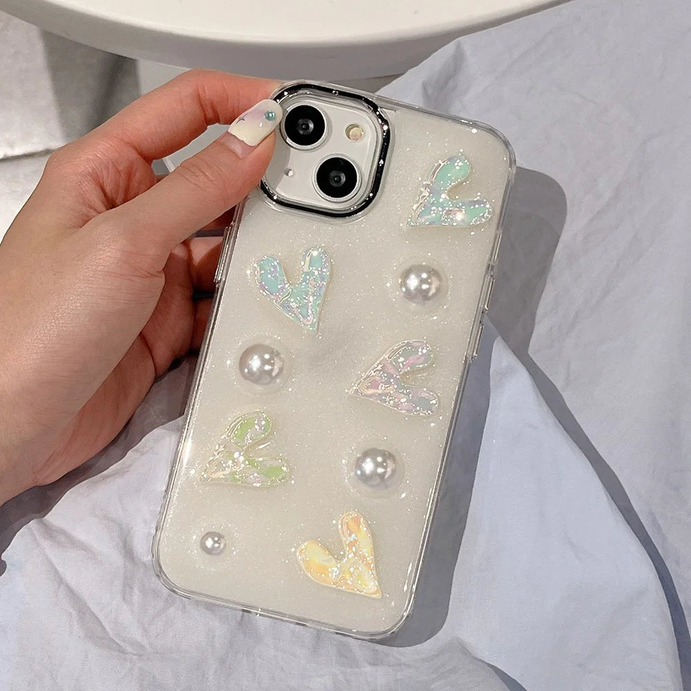 5 Laser Hearts Electroplating Phone Case for For iPhone 14 Plus , Hard Acrylic+TPU Cover with Pearl Decor - 6