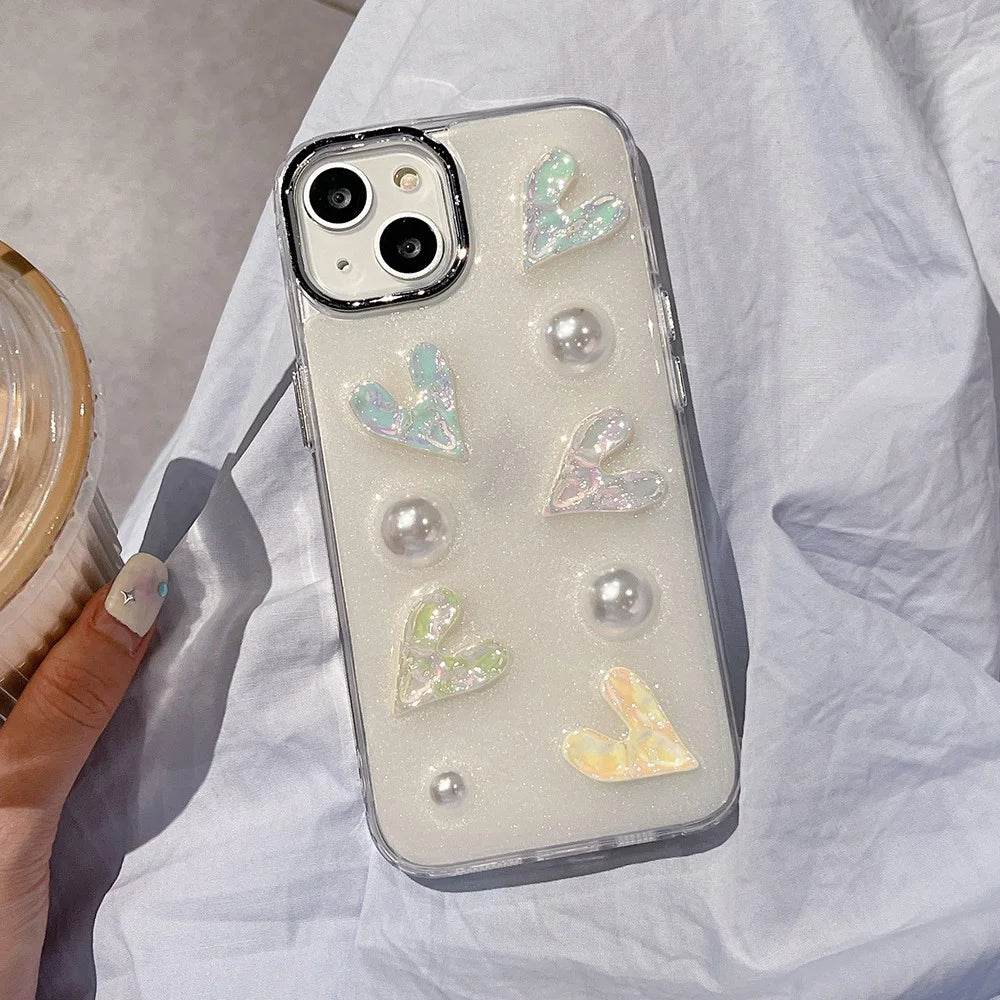 5 Laser Hearts Electroplating Phone Case for For iPhone 14 Plus , Hard Acrylic+TPU Cover with Pearl Decor - 7