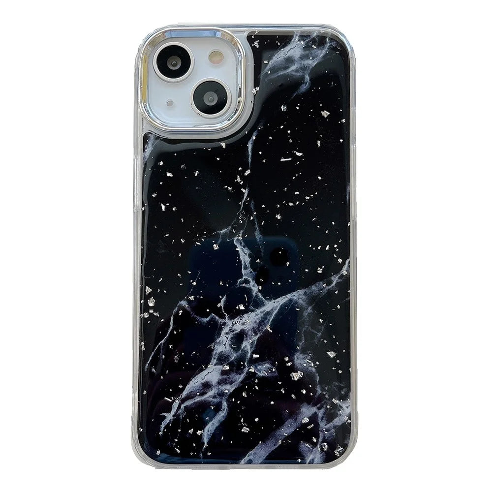 For iPhone 14 Plus Hard Phone Shell Electroplating Epoxy Marble Pattern Silver Foil Acrylic+TPU Phone Case - Black - 1