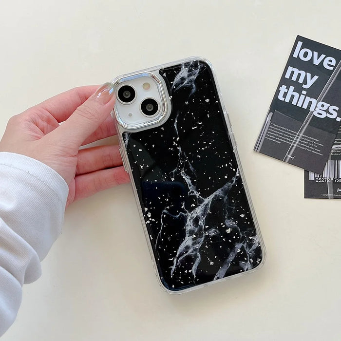 For iPhone 14 Plus Hard Phone Shell Electroplating Epoxy Marble Pattern Silver Foil Acrylic+TPU Phone Case - Black - 3