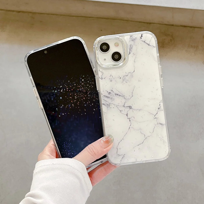 For iPhone 14 Plus Hard Phone Shell Electroplating Epoxy Marble Pattern Silver Foil Acrylic+TPU Phone Case - Black - 4