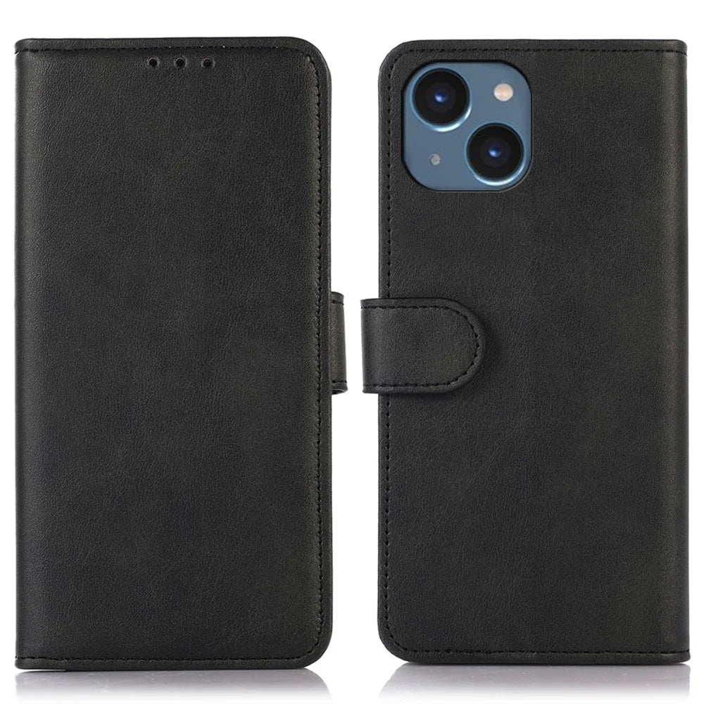 For iPhone 15 Wallet Phone Stand Case PU Leather Cowhide Texture Anti-collision Cover - Black - 1