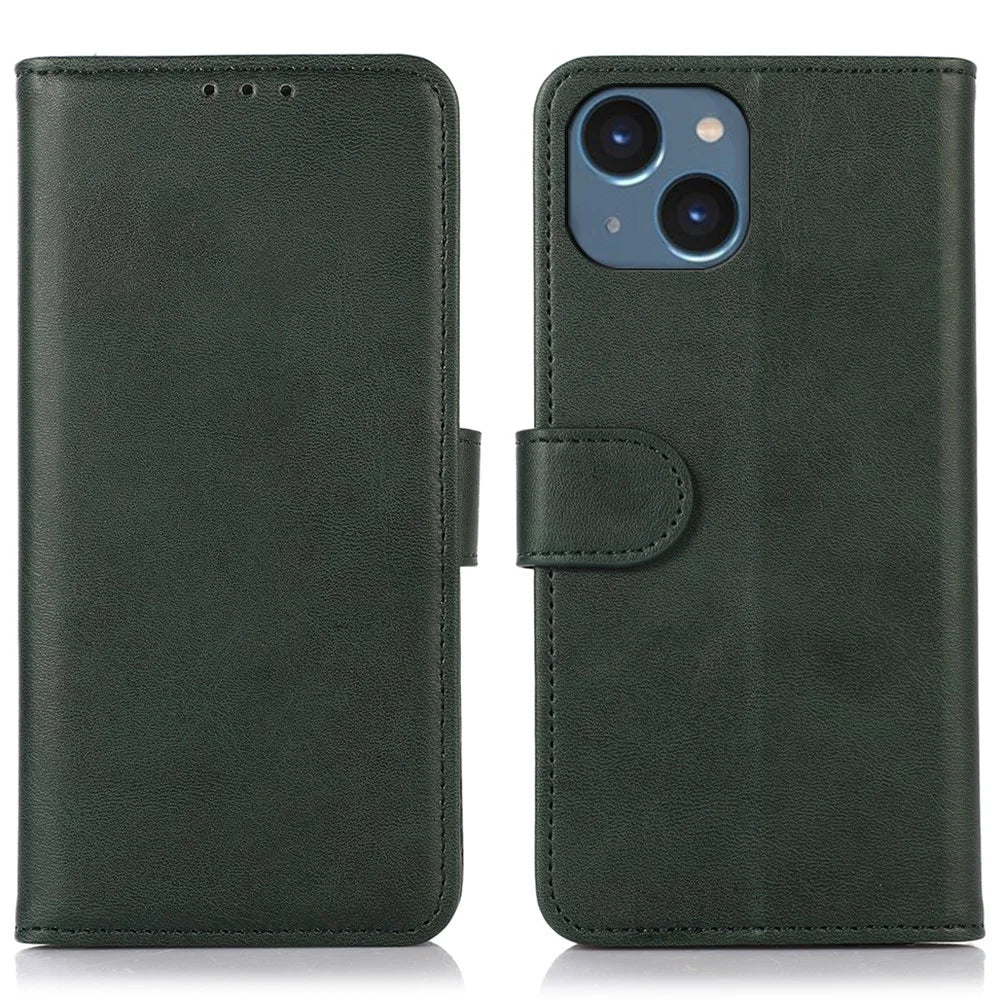 For iPhone 15 Plus Shockproof Wallet Phone Stand Case PU Leather Cowhide Texture Cover - Green - 1