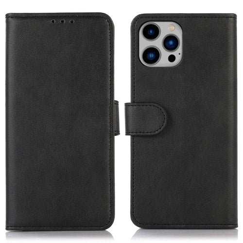 Stand Case for iPhone 15 Pro Phone Wallet PU Leather Cowhide Texture Fall Proof Cover - Black - 1