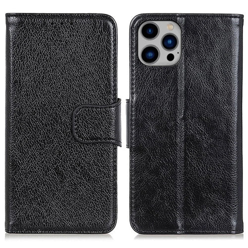 For iPhone 15 Pro Split Leather Phone Case Nappa Texture Shockproof Cover with Stand Wallet - Black - 1