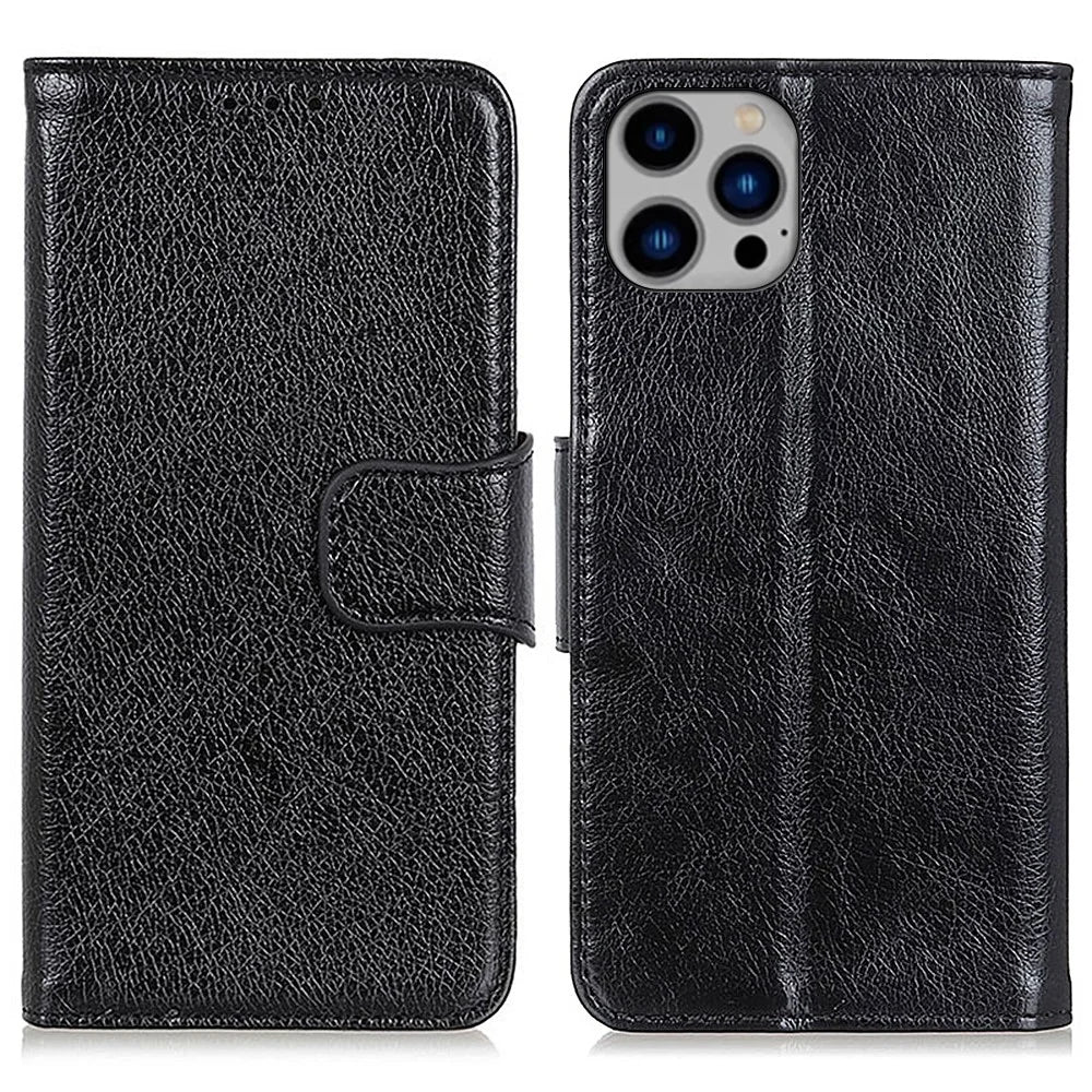 For iPhone 15 Pro Split Leather Phone Case Nappa Texture Shockproof Cover with Stand Wallet - Black - 1