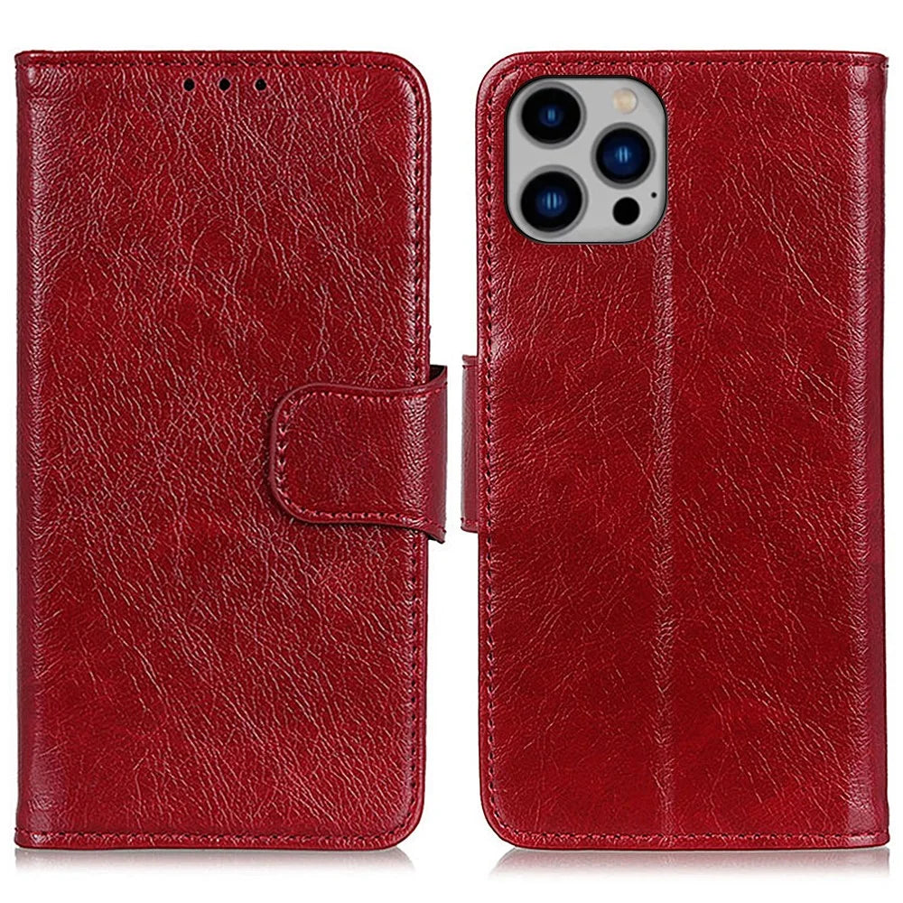 For iPhone 15 Pro Max Anti-fall Split Leather Phone Case Nappa Texture Cover with Stand Wallet - Red - 1