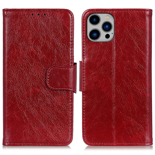 For iPhone 15 Pro Max Anti-fall Split Leather Phone Case Nappa Texture Cover with Stand Wallet - Red - 1