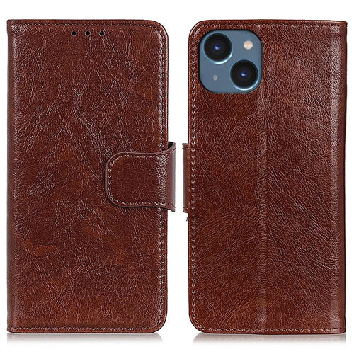 Phone Case for iPhone 15 Plus Split Leather Nappa Texture Cover with Stand Wallet - Brown - 1