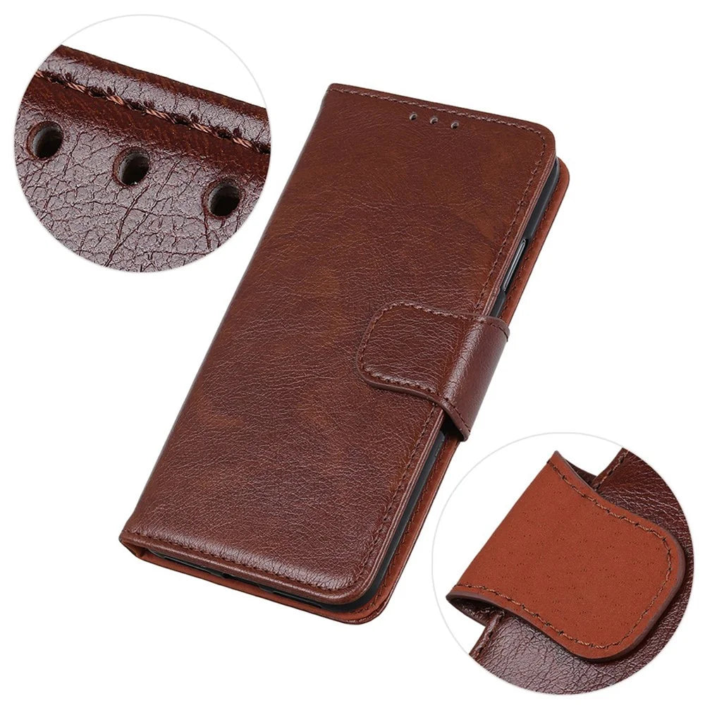 Phone Case for iPhone 15 Plus Split Leather Nappa Texture Cover with Stand Wallet - Brown - 5