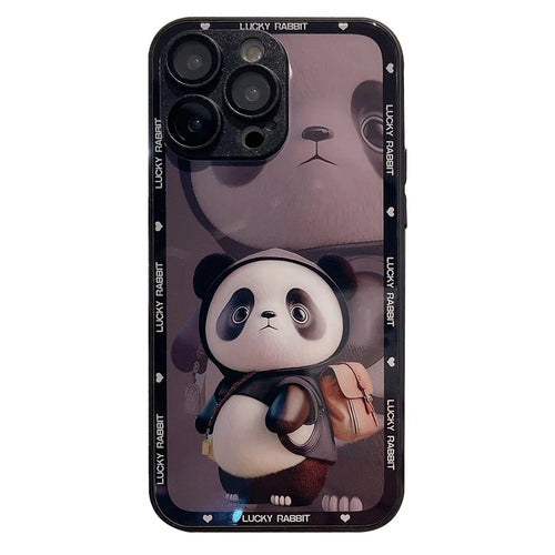 For iPhone 12 Pro Max Anti-Fingerprint Glass+TPU Phone Shell Metal Paint Edge Panda Decor Phone Case - Black - 1