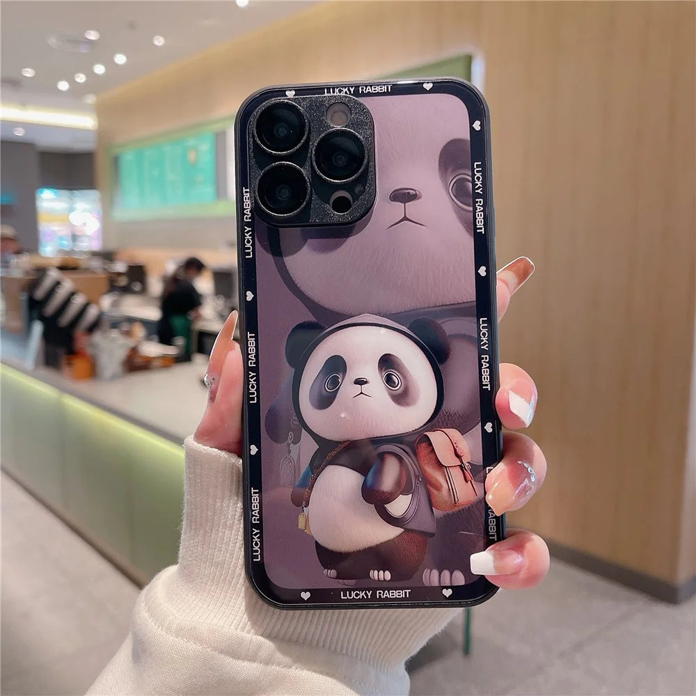 For iPhone 12 Pro Max Anti-Fingerprint Glass+TPU Phone Shell Metal Paint Edge Panda Decor Phone Case - Black - 2