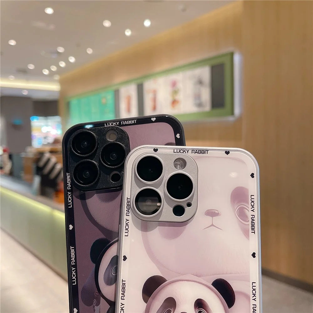 For iPhone 12 Pro Max Anti-Fingerprint Glass+TPU Phone Shell Metal Paint Edge Panda Decor Phone Case - Black - 3